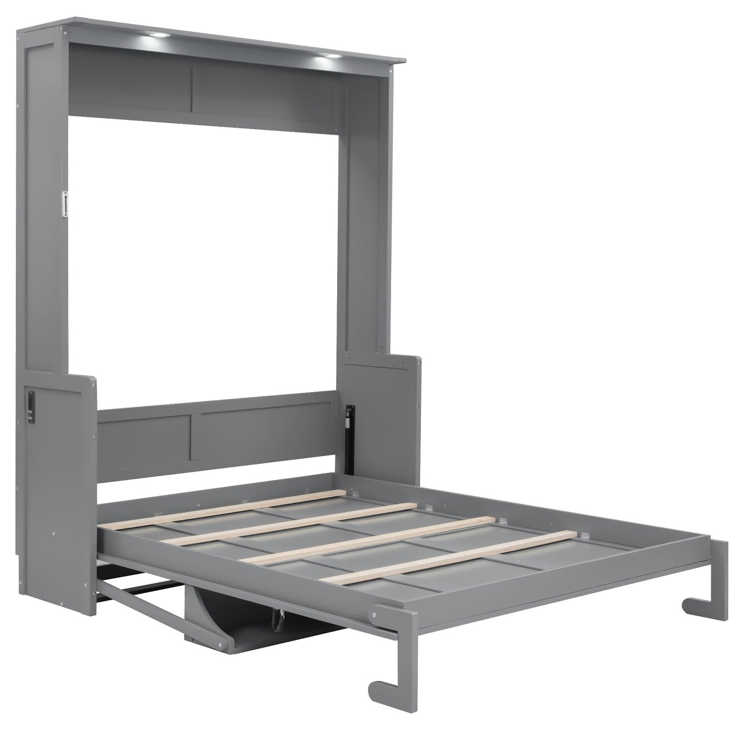 GDFStudio Queen Size Murphy Bed with Desk, LED Lights and USB Charging Ports, Wall-Mounted Space-Saving Bed, Solid MDF + Plywood, Foldable Design, Modern Home Office and Guest Room Solution, Gray