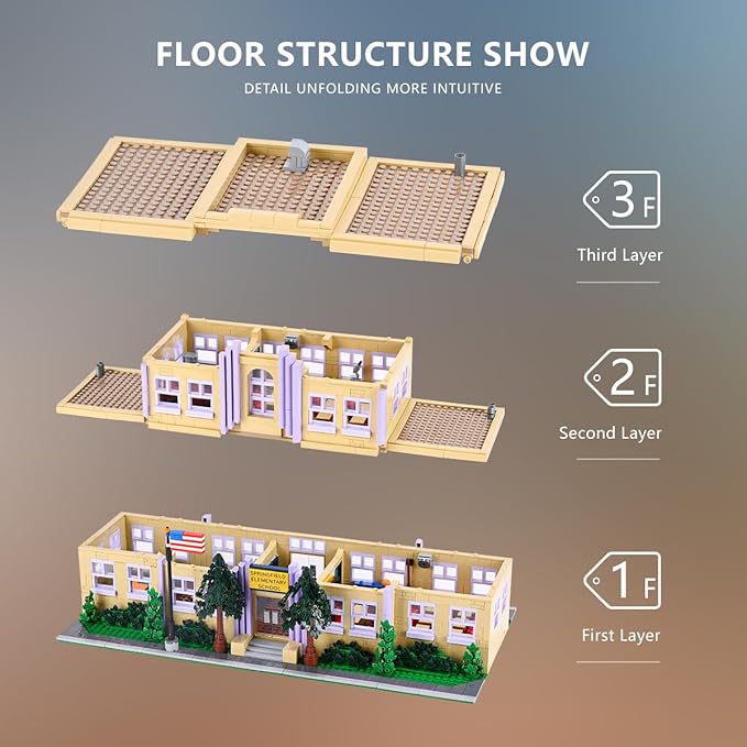 Simpsans Springfiald School Building Blocks - Moc American SCA Two-Story ArchitectureModular City House Building Sets - 3500 Pieces - for AdultsHobbyistCollector