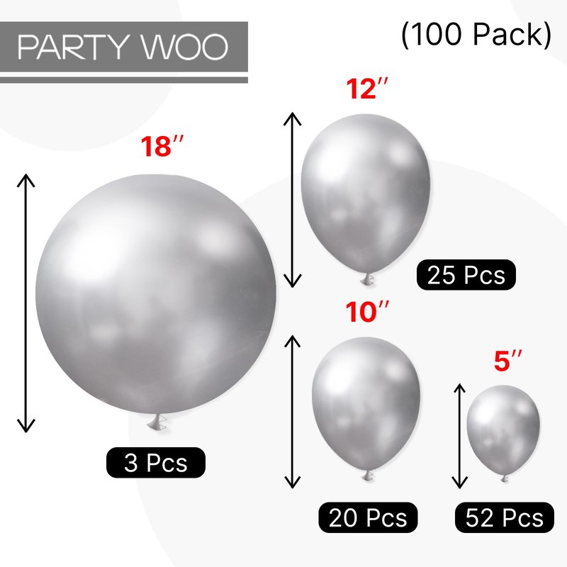 PartyWoo Silver Balloons 100pcs Different Sizes of 18 12 10 5 Inch Silver Balloon Arch Kit Garland for Birthday Graduation Bachelorette Engagement Bridal Shower Wedding Party Decorations Silver-G102