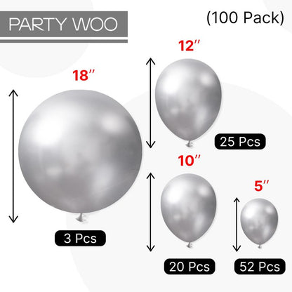 PartyWoo Silver Balloons 100pcs Different Sizes of 18 12 10 5 Inch Silver Balloon Arch Kit Garland for Birthday Graduation Bachelorette Engagement Bridal Shower Wedding Party Decorations Silver-G102