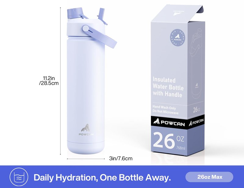POWCAN 32 oz Insulated Water Bottle with 2-in-1 Straw and Spout Lid, Keep Cold 24H, Leak-Proof, BPA-Free, Double Wall Stainless Steel Water Bottle for Sports, Gym, Travel, and School (Lupine)