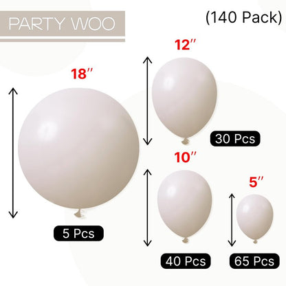 PartyWoo White Balloons 140 pcs Different Sizes of 18 12 10 5 Inch White Sand Balloons Arch Kit Garland for Wedding Baby Shower Birthday Bridal Shower Graduation Engagement Party Decorations White-F12