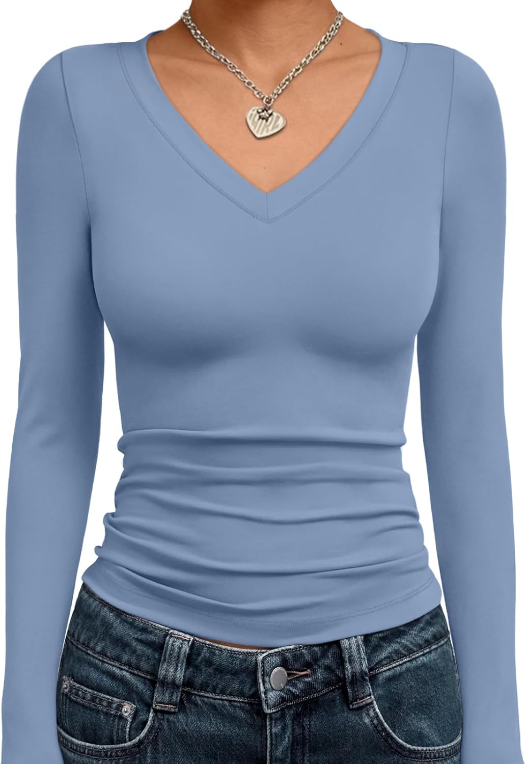 Trendy Queen Long Sleeve Shirts for Women 2025 Fall Fashion V Neck Basics Crop Tops Slim Fitted Y2K Tops Outfits Clothes