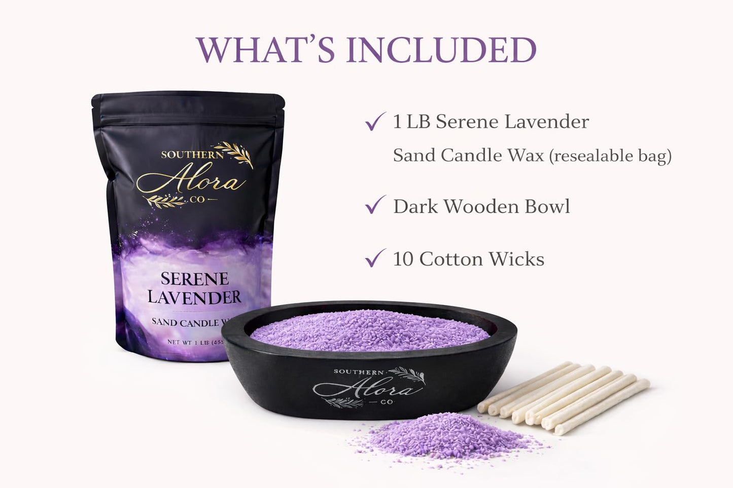 Sand Candle Wax 1 LB – Southern Alora Scented Candle Sand with 10 Cotton Wicks, Refillable & Reusable for Candle Making, Spill-Safe for Bowls & Centerpieces (Serene Lavender Kit with Wood Bowl)