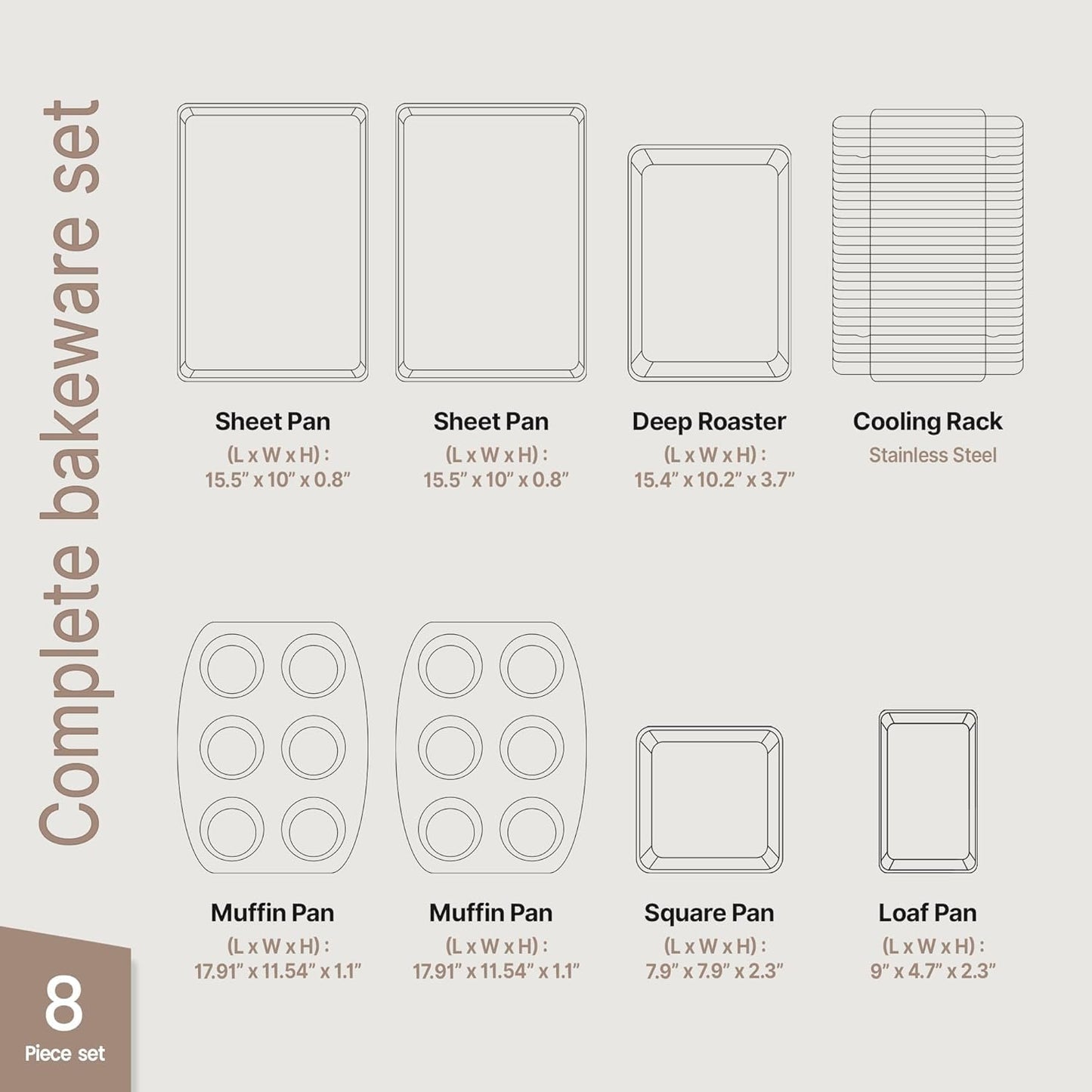 BAKKEN 8-Piece Nonstick Baking Pans Set - Professional Gray Marble Bakeware with Silicone Handles | Oven & Dishwasher Safe