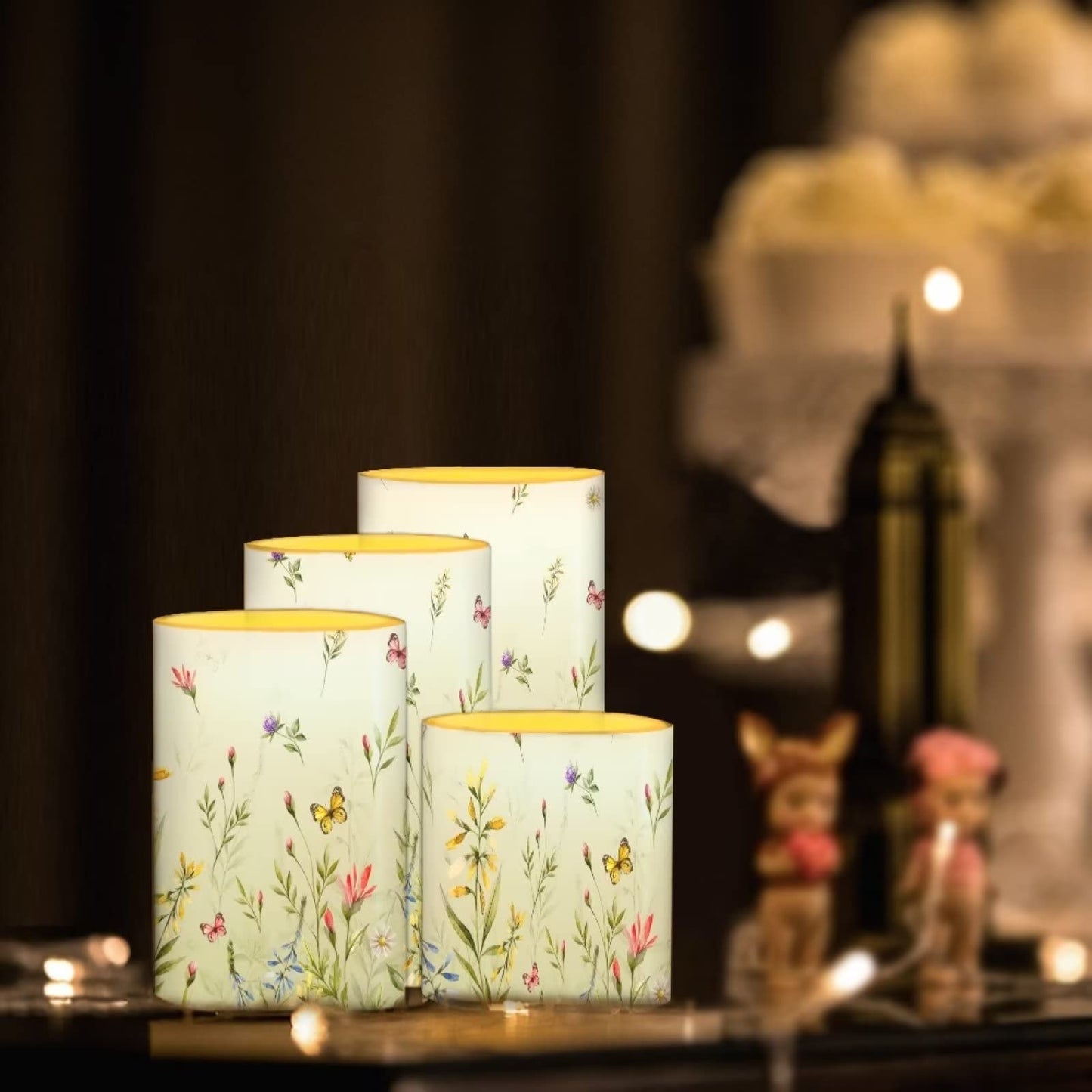 NETILGEN LED Flickering Candles Battery Operated Candles Set of 4 with Remote Control Timer Dancing Flame Pillar Candles Home Table Decoration, Floral Green
