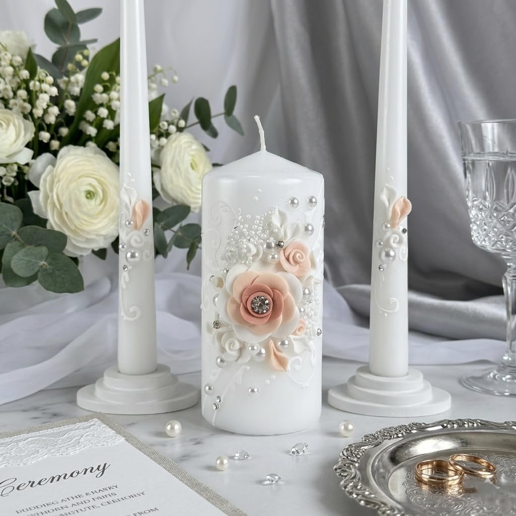 Magik Life Unity Candle Set - Wedding Ceremony & Reception – 6” Pillar & Two 10” Taper Candles – Long Burning Unity Candles for Marriage Ritual – Handmade in USA – White | Rose