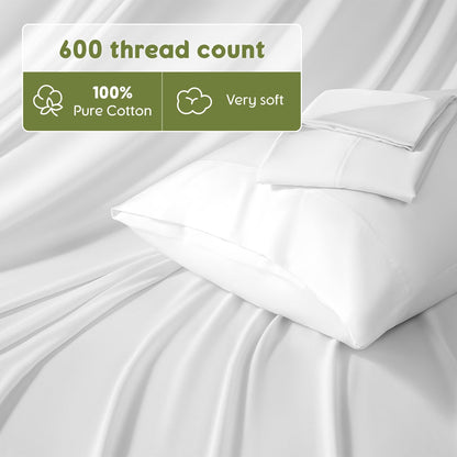 SONORO KATE 100% Egyptian Cotton Sheets King Size - 600 Thread Count, Luxury Hotel Quality Bedding Set, Soft Cooling Sateen Weave Bed Sheet Sets, 16" Deep Pocket - 4 PC(White,King)