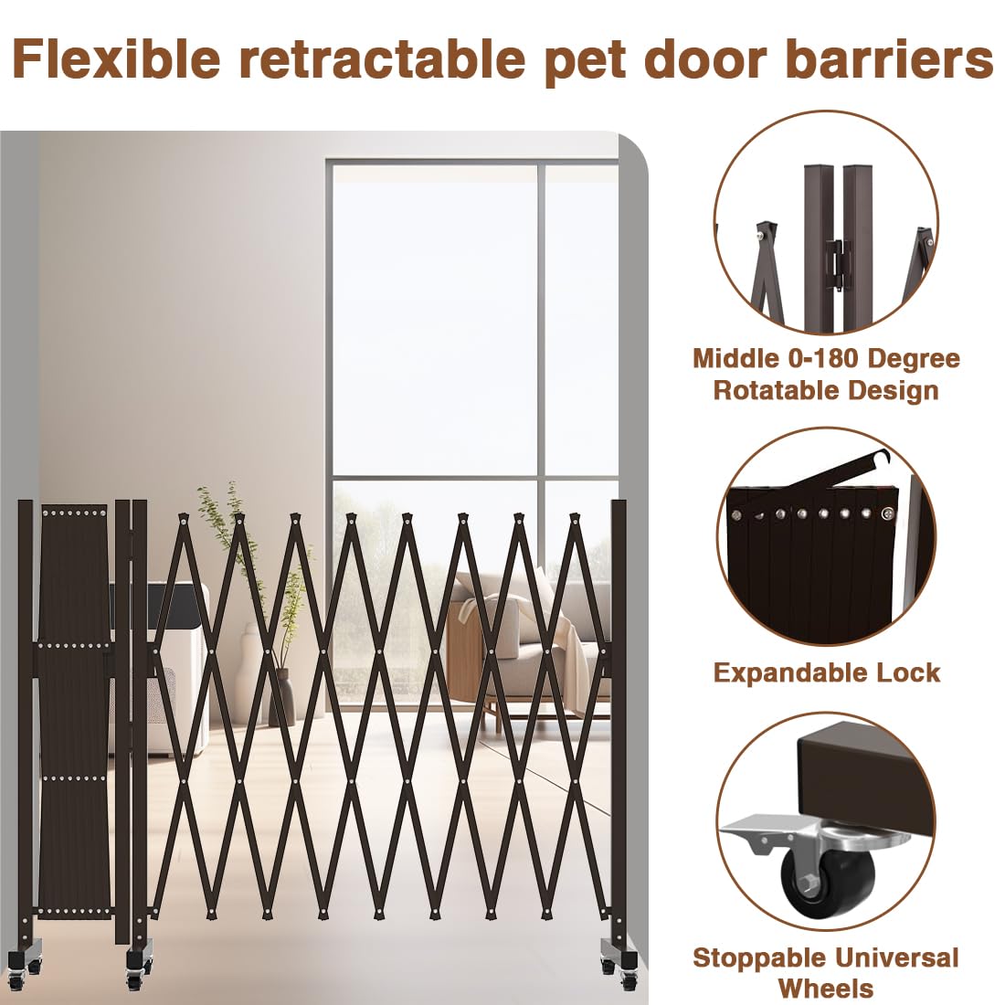 Expandable Driveway Gate, Portable Barricade Gate with Casters, Metal Folding Security Gate, 209" Wide Aluminum Expandable Garden Fence, Outdoor Dog Fence for Yard (Brown, 213)