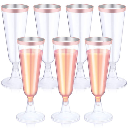 Thenshop 50 Pack Rose Gold Plastic Champagne Flutes 5.5 oz Elegant Clear Disposable Champagne Glasses Detachable Hard Toasting Glasses for Wedding Party Fancy Vino Cocktail Cups(Clear)