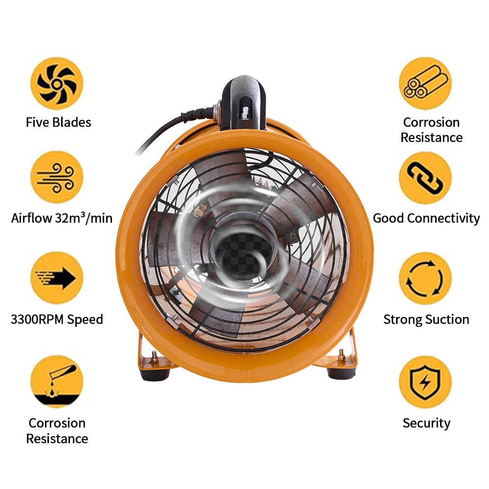 Aglaipty 8-Inch Industrial Portable Air Blower Ventilator, 3300 CFM Heavy-Duty Tube Exhaust Fan, 250W High-Velocity Low-Noise Air Mover for Extraction, Ventilation (8 Inch Blower Fan)