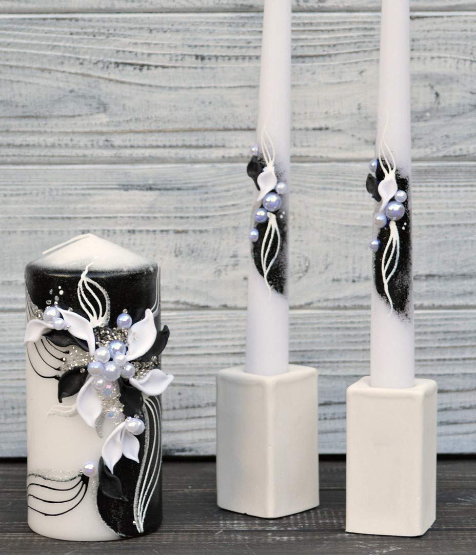 Magik Life Unity Candle Set - Wedding Ceremony & Reception – 6” Pillar & Two 10” Taper Candles – Long Burning Unity Candles for Marriage Ritual – Handmade in USA – Black | White