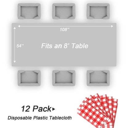 QIKSION Red Gingham Tablecloth Disposable 12 Pack, 54 x 108 Inch Red and White Checkered Table Cloth for Picnic, Outdoor BBQ Decorations, Birthday Party Supplies, Rectangle, Plastic Table Cover