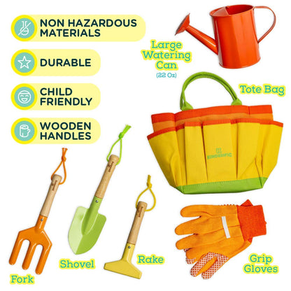 Kinderific Gardening Set, Tool Kit, for Kids, STEM, Includes Tote Bag, Spade, Watering Can, Rake, Fork, Trowel and Gloves (Sunshine)