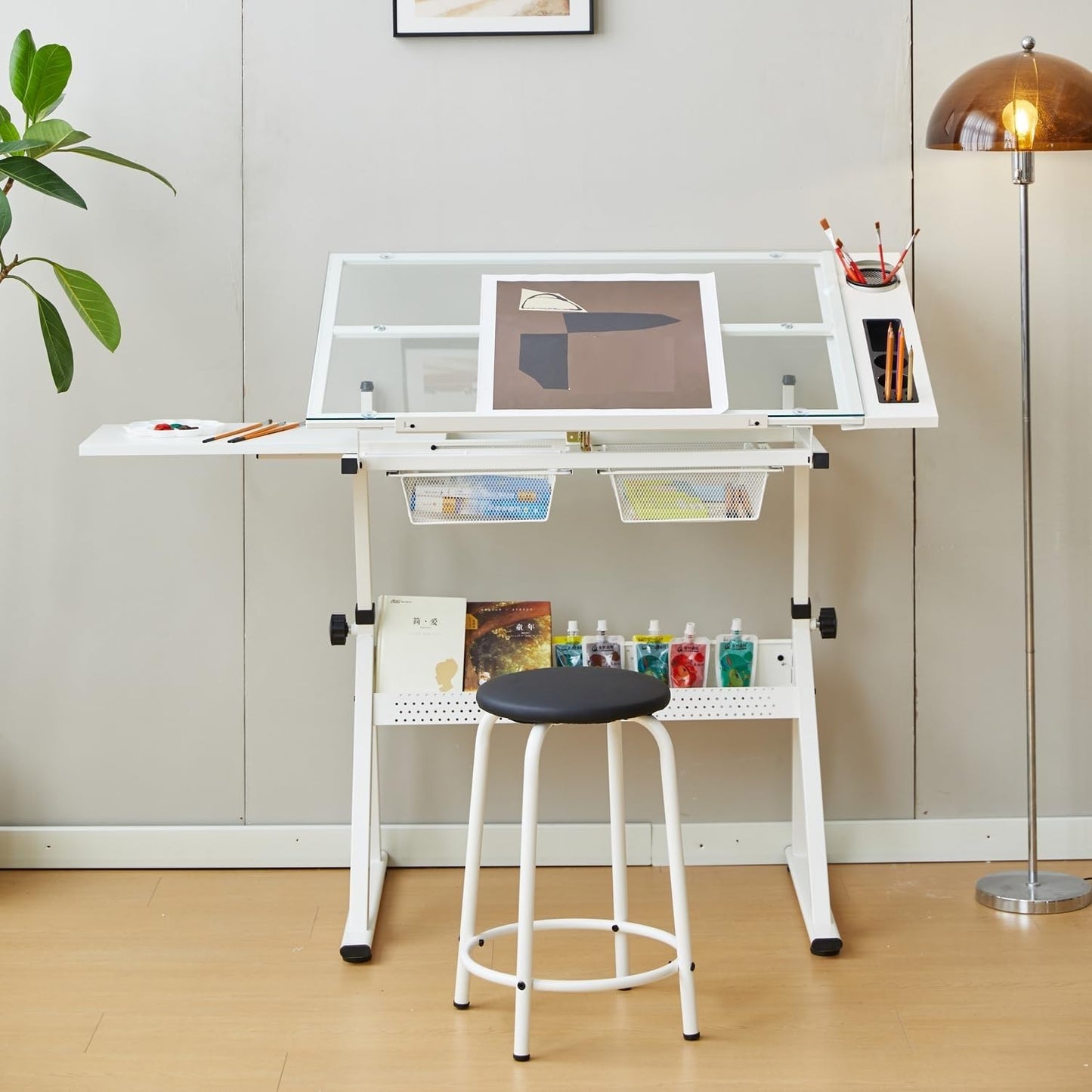 Garvee Drafting Table w/Stool, Height Adjustable Drawing Table, Multifunctional Art Craft Paintings Work Station w/2 Storage Drawers, 0-75° Tilting Glass Tabletop for Home Office, White