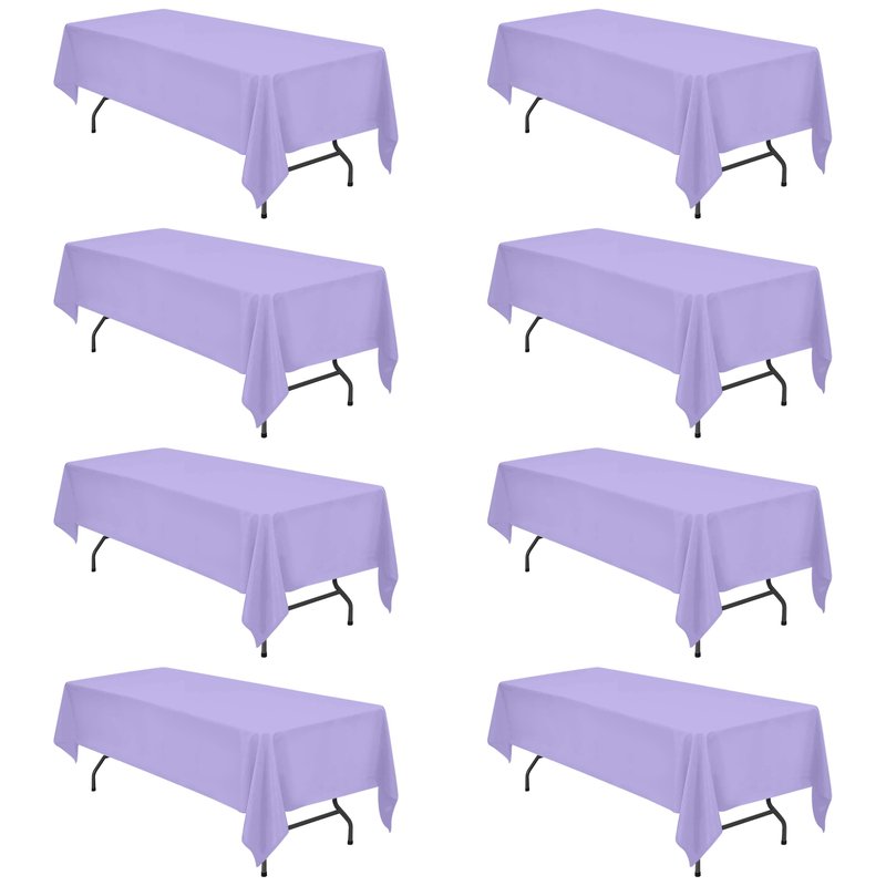 BRILLMAX 8 Pack Lavender Tablecloths 60 x 126 Inch for 8ft Rectangle Tables - 150 GSM Polyester Fabric, 15" Standard Drop, Water, Stain & Wrinkle Resistant Cloth Cover for Wedding Dining Buffet