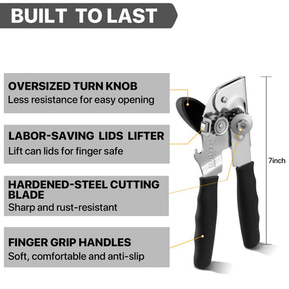 Can Opener Manual Heavy Duty, UHIYEE Hand Held Can Openers for Seniors with Comfort Grip Sharp Blade, Solid Steel Hand Manual Can Open with Magnet for Kitchen Camping, Black