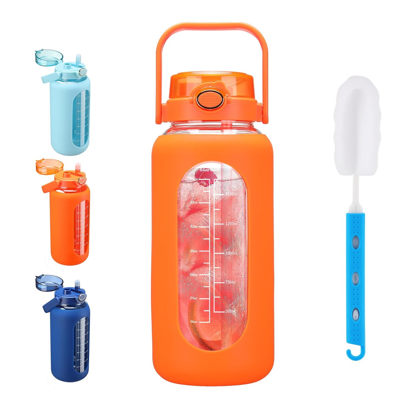 SIEROZUR 64oz Glass Water Bottle with Straw and Handle Lid Half Gallon Motivational Glass Bottle with Silicone Sleeve and Time Marker Large Reusable Sports Water Jug for Gym Home Workout