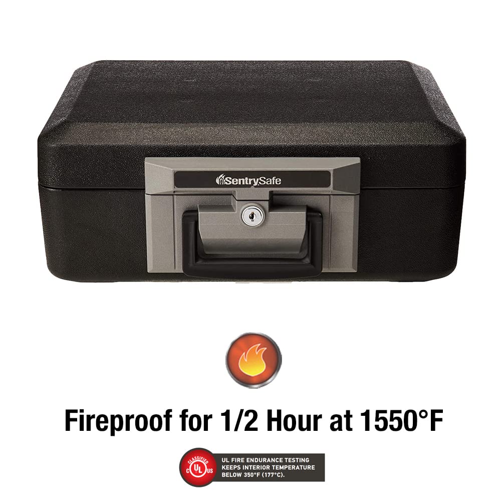 SentrySafe Fireproof Safe Box with Key Lock, Chest Safe with Carrying Handle to Secure Money, Jewelry, Documents, 0.25 Cubic Feet, 6.3 x 15.3 x 12.1 Inches, 1160