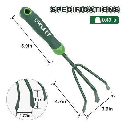Owlett Garden Hand Rake, 3 Prong Hand Cultivator Garden Tool with Ergonomic Rubber Handle, Manual Small Hand Rake Soil Tiller for Digging, Aerating Soil, Weeding, Cultivating with Hanging Hole