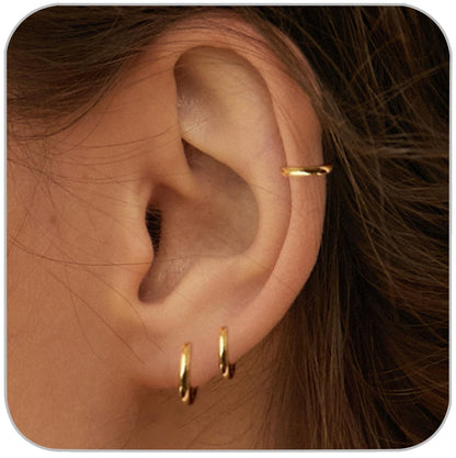 1 Pair 6mm Small Hoop Earrings for Women, Dainty 14K Gold Plated Huggie Hoop Earrings Hypoallergenic Lightweight Cartilage Earrings Set for Multiple Piercings for Sensitive (Gold/1.6mm)