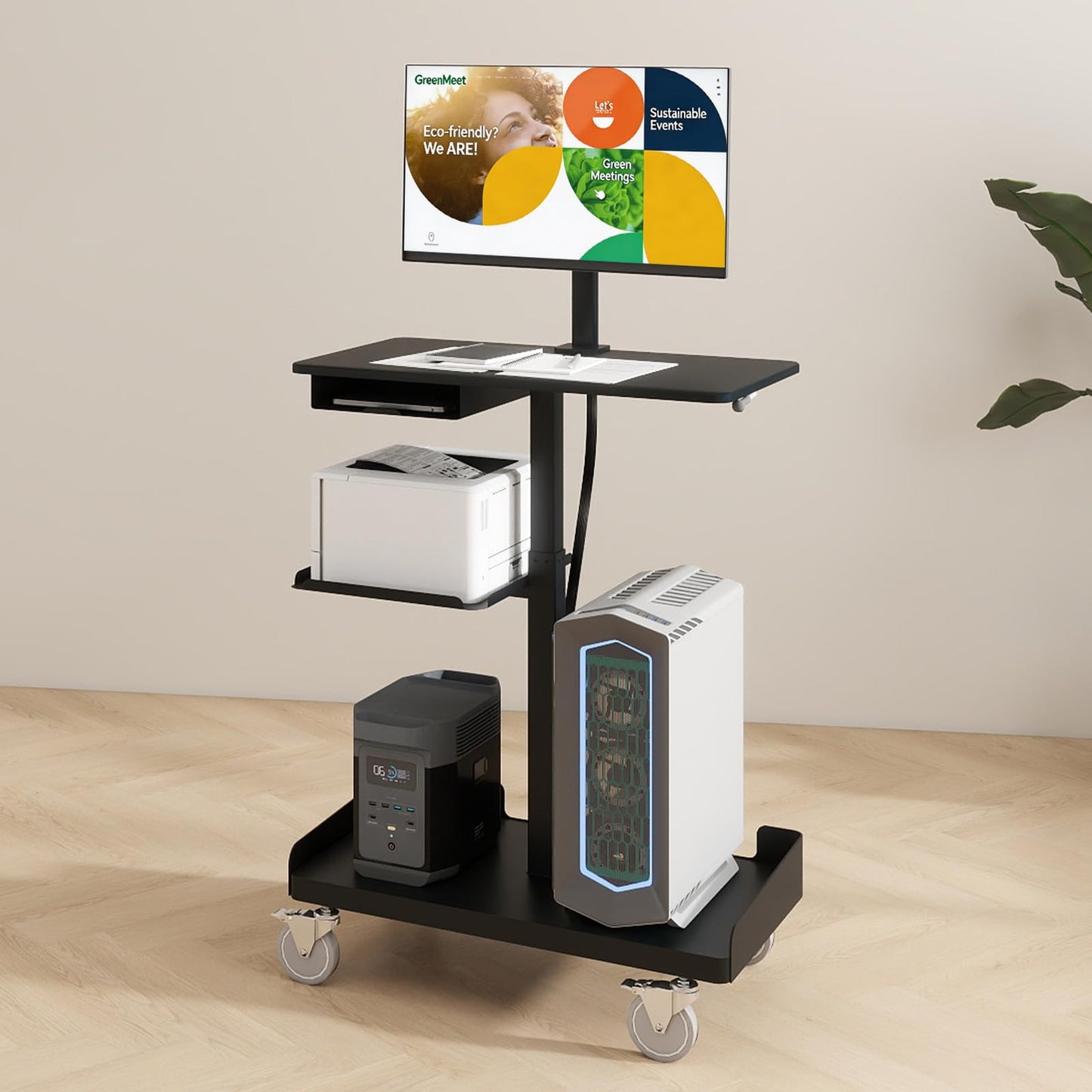Natwind Mobile Workstation Cart with Monitor Mount, Height Adjustable Rolling Computer Desk with Cable Management Tidy, Heavy-Duty Standing Desk with CPU Holder for Office, School, Medical, Workshop