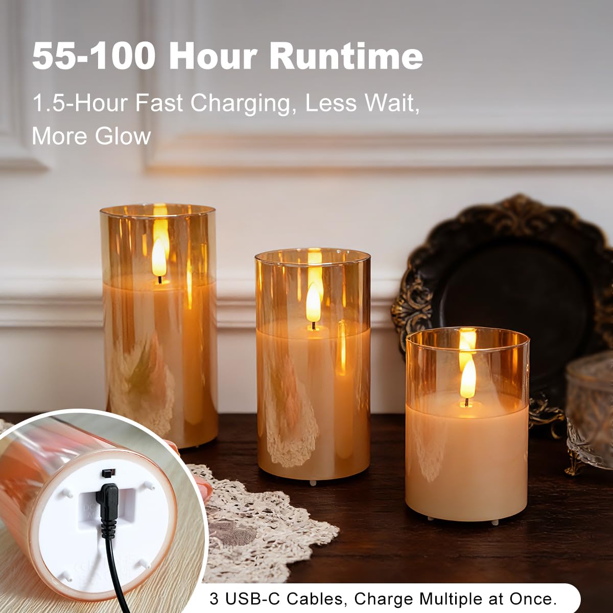 NICE POINT Rechargeable Flameless LED Gold Glass Candles–Luminous Real Wax Indoor Home Decor–Set of 3, Realistic Flickering LED Flame,Remote & Timer,Ideal for Living Room, Bedroom & Festival Décor