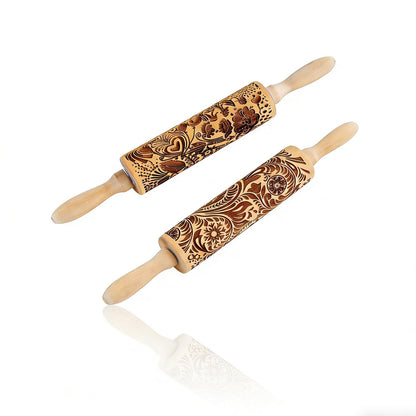 2 Pack Wooden Embossed Rolling Pin with Handles, Hardwood Dough Roller with Engraved Patterns, Kitchen Essential for Baking Pizza, Pies, Pastry, Cookies & Decorative Dough