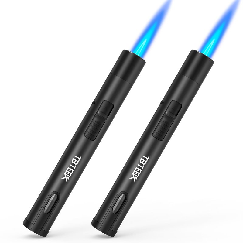 TBTeek 2 Pack Torch Lighters, Refillable Butane Lighter with Safety Lock & Continuous Flame, Visible Fuel Window, Adjuatable Jet Flame Lighter for Candle, BBQ, Fireplaces, Black(Butane Not Included)