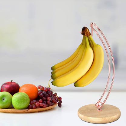 Signice Banana Holder Stand - Patented Modern Banana Tree Hanger with Wood Base Stainless Steel Banana Rack for Home Kitchen Use,Doesn't Tip Over (Rose Gold)