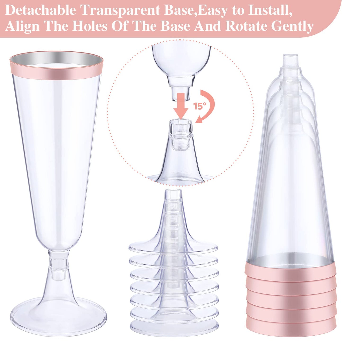 Thenshop 50 Pack Rose Gold Plastic Champagne Flutes 5.5 oz Elegant Clear Disposable Champagne Glasses Detachable Hard Toasting Glasses for Wedding Party Fancy Vino Cocktail Cups(Clear)