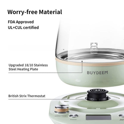 BUYDEEM Health Pot K2763 Lite, Glass Electric Kettle for Tea & Coffee, Hot Water Boiler and Wamer with Stew Pot, Temperature Control, Green, 1.5L