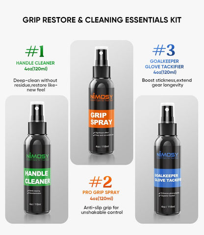 NIMOSY Pro Sport Grip Cleaner Kit - Golf Club & Pickleball Paddle Grip Care Set with Spray, Brush & Microfiber Towel - Restores Grip for Baseball, Tennis, Soccer Goalie Gloves - Perfect Sports Gift