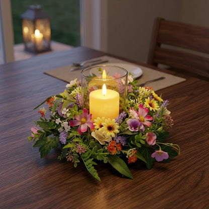 Skiennix Floral Candle Holder - Glass Hurricane with Detachable Wreath | Spring Centerpiece for Dining Table