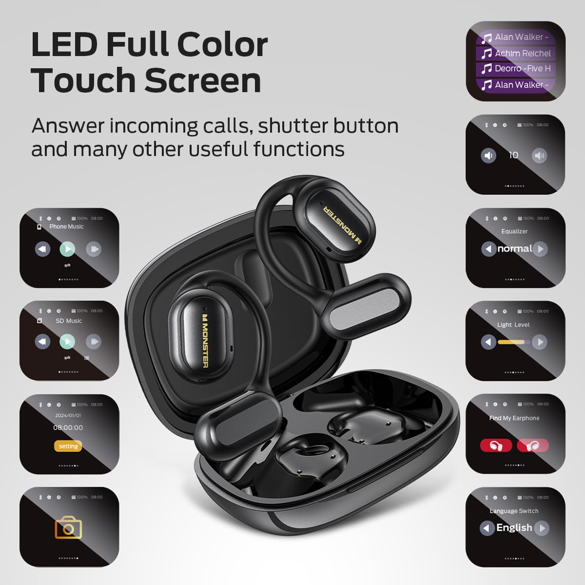 Monster Open Ear Headphones Touch Screen Earbud, Open Touch Pro 100 Wireless Earbuds Support TF Card, Bluetooth Earbuds with ENC Clear Talk, Multiple EQ Modes, Comfort Earhooks, IPX5, 30H Playback