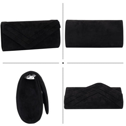 Larcenciel Elegant Black Suede Envelope Clutch Purse for Women, Soft Velvet Pleated Evening Bag with Detachable Chain Strap, Ladies Party Handbag for Formal Events, Wedding, Cocktail, Prom, Date Night
