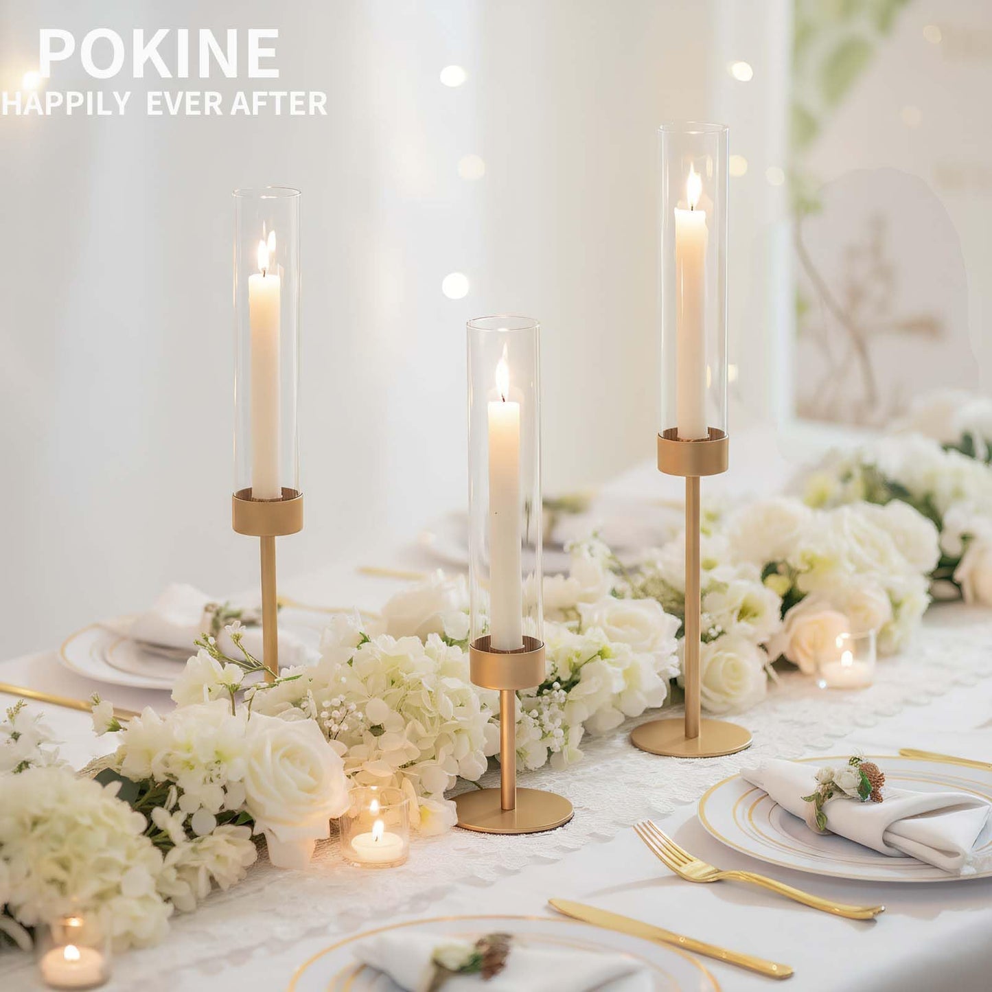 POKINE Set of 6 Gold Candle Holders, Tall Hurricane Candlestick Holders with Glass for Taper and Pillar Candles, Home Decor for Wedding, Christmas, Party, Anniversary, Dining Table