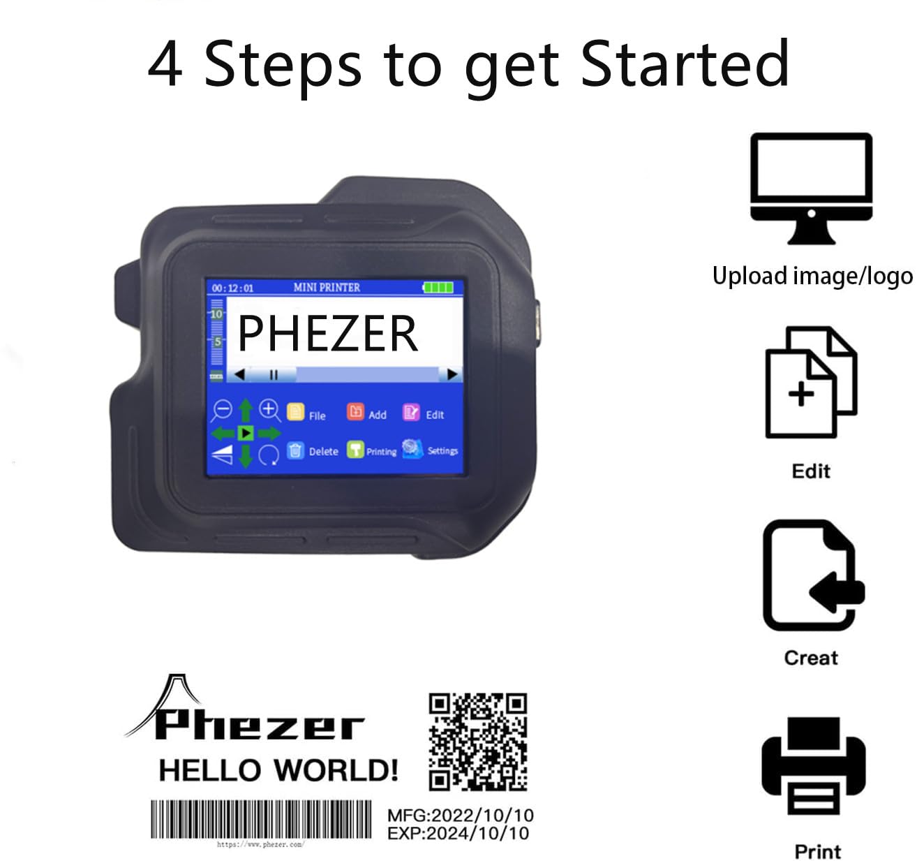 Phezer A Set PC98 Mini Inkjet Printer for Any Surface, with 2 Pcs Original Solvent Ink Cartridge (Black)