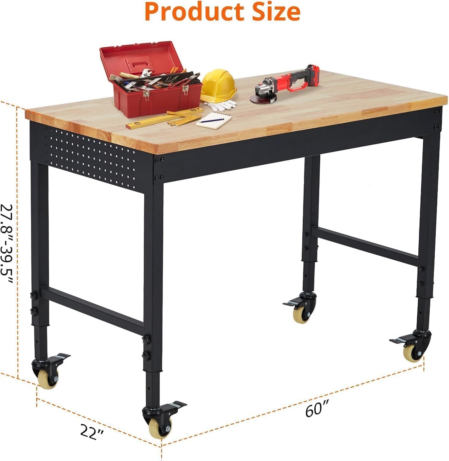 60" Adjustable Workbench with Wheels, Heavy Duty Mobile Work Table, 2000LB Capacity, Hardwood Top, Power Outlets, Rolling Garage Workbench for Workshop, Craft, Office
