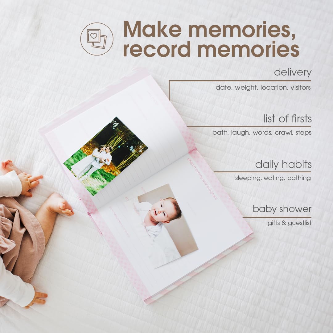 Pearhead Baby Memory Book, First 5 Years Baby Milestone Book, Pregnancy Journal, Gender Neutral Newborn Keepsake, With Clean-Touch Ink Pad For Baby's Handprint or Footprint, Pink Chevron