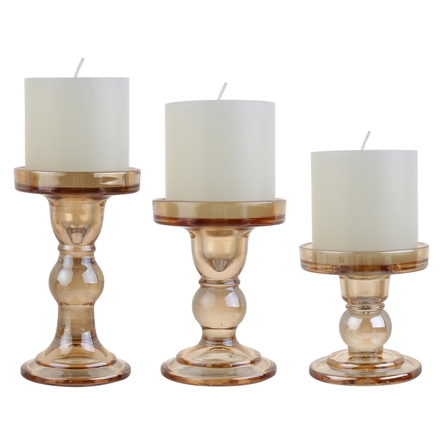 BTGLLAS 3-Piece Set of Amber Glass Candlestick, Crystal Candlestick Holder Holder and Conical Candle, Christmas Candle Holder Decoration, Family Living Room Wedding Candle Holder (Amber)