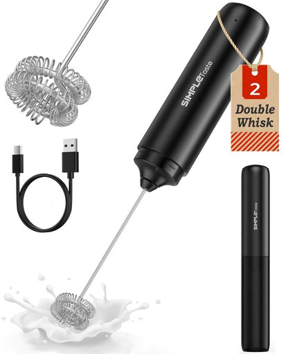 SIMPLETASTE Milk Frother Handheld Electric Foam Maker, Drink Mixer with Stainless Steel Whisk for Cappuccino, Bulletproof Coffee, Latte, Black, without Stand, USB-C Rechargeable