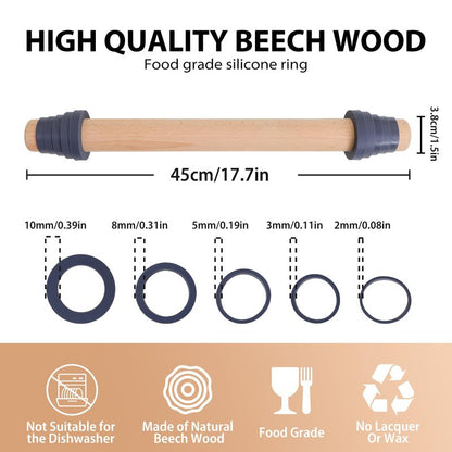 Adjustable 17.5 Inches Wood Rolling Pin with Thickness Rings for Baking -Non Stick Wooden Dough Roller Pin with Spacer Bands for Cookie,Pie Crust, Pastry Fondant By Folksy Super Kitchen(17.5, Grey)