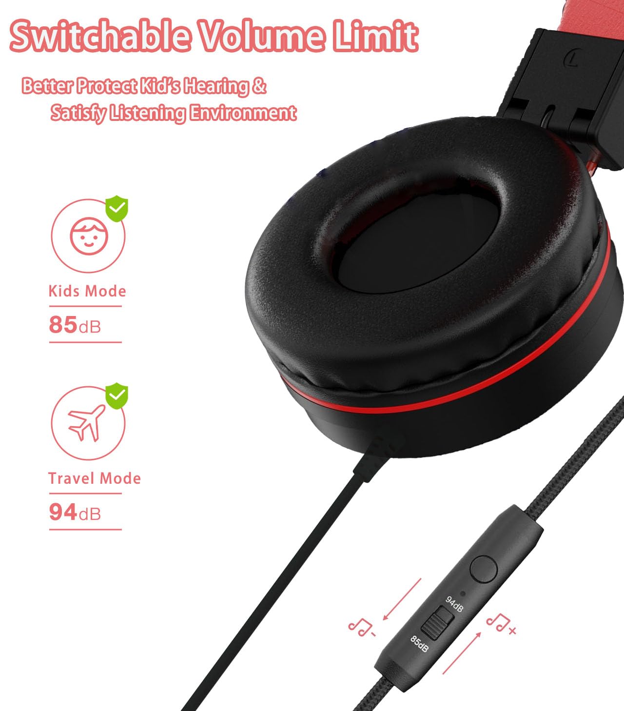 Bywulanda Kids Headphones with LED Lights for School, Upgrade USB Type C Kid Headphone with Microphone, Volume Limiter 85/94dB, Wired On Ear Headphones for Boys/Girls/Tablet/Travel -Black