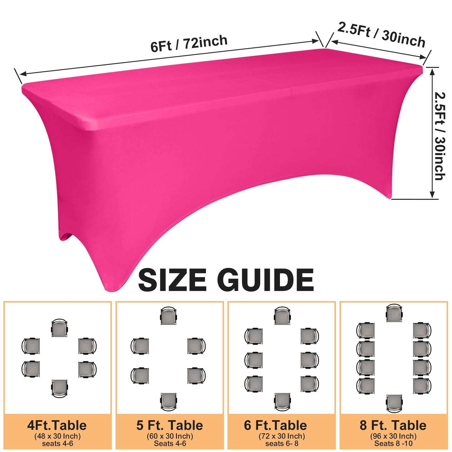2 Pack 6 Feet Fuchsia Spandex Tablecloth for Rectangular Tables, Fitted & Stretch, Washable, Wrinkle Resistant, Perfect for Event, Wedding, Party, Banquet, Cocktail, Festival, and Table Protector