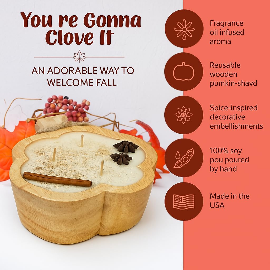 Dough Bowl Candle Co. Pumpkin Candle - 8" x 6" x 1.75" Pumpkin Spice Wooden Fall Candles with 35 Hour Burn Time, 3 Wick Fall Scented with 100% Soy Wax, Holiday Decorations, Autumn Room Decor