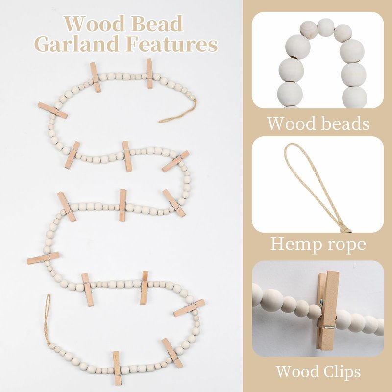 3PCS Hanging Photo Display with 45 Clips, 67 Inch Boho Wooden Bead Garland Photo Banner, Kids Art Display Collage Picture Postcard Display, Photo String for Bedroom Dorm Cubicle Wall Decor Teen Gifts