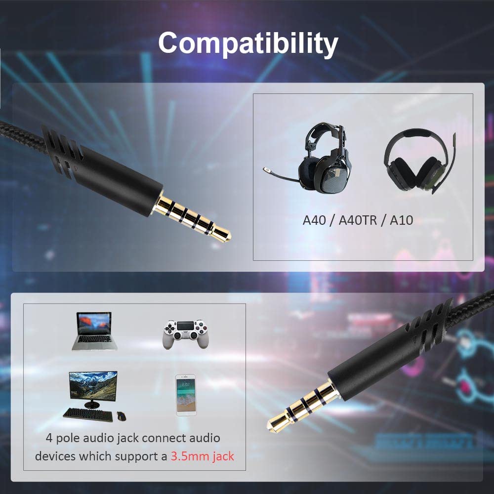 QJYTH Replacement A40 Cord Compatible with Astro A40 Headset, A40 Inline Mute Audio Cable for Astro A10/A40/A40TR Gaming Headset,Compatible with PS5/PS4 Controller(6.5 Feet, Black)