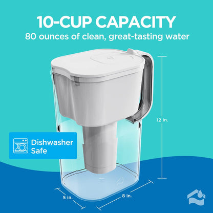 HOMEWATER 10-Cup Pitcher Filter (White) – BPA-Free, High-Capacity 2.4L Pitcher with Fast-Flow Carbon Filter, Wide Mouth for Easy Pouring, Removable Filter Replacement, Locking Lid, and Dishwasher-Safe