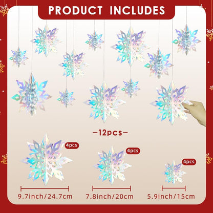 Skiennix 12PCS 3D Christmas Snowflake Decorations - Glittering Holographic Silver Ornaments for Winter Wonderland Decor